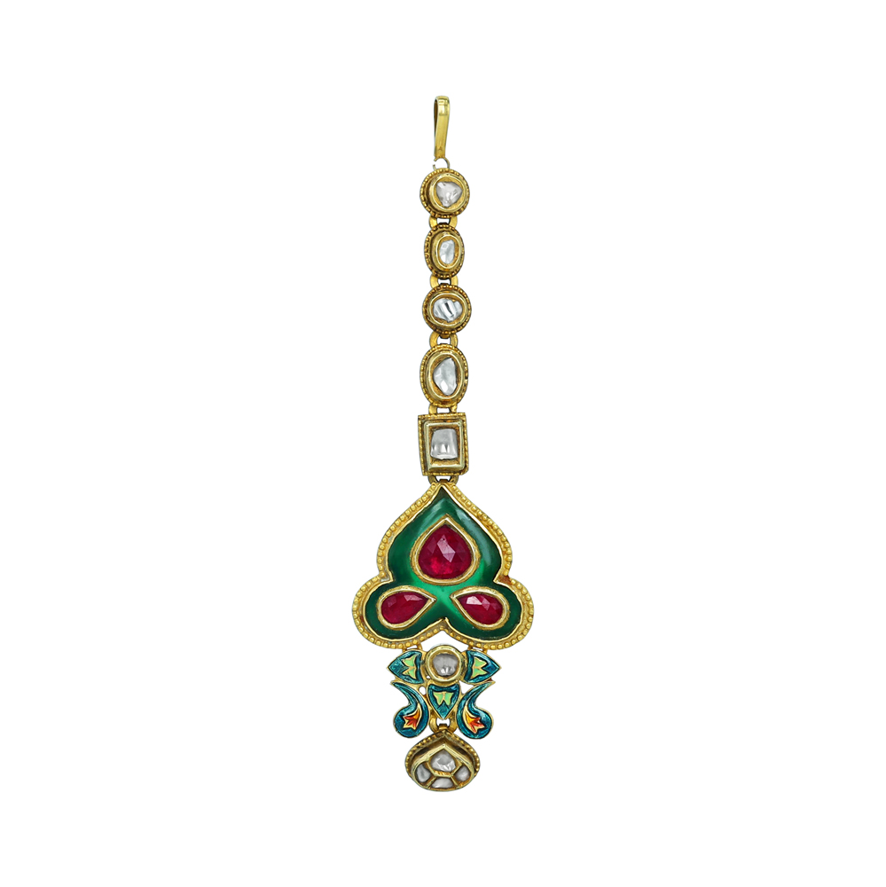 Red Green Meenakari Mangtikka with Polkis